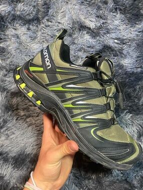 Salomon Olive Green and Black Trail Runner with Neon Accents